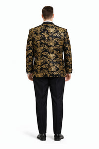 Mens Modern Fit Velvet Floral Paisley Foil Gold and Black Tuxedo Jacket