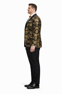 Mens Modern Fit Velvet Floral Paisley Foil Gold and Black Tuxedo Jacket