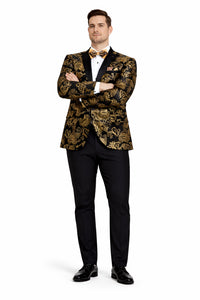 Mens Modern Fit Velvet Floral Paisley Foil Gold and Black Tuxedo Jacket