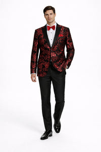 Mens modern fit velvet floral paisley foil red and black tuxedo jacket