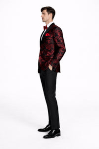 Mens modern fit velvet floral paisley foil red and black tuxedo jacket