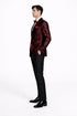 Mens modern fit velvet floral paisley foil red and black tuxedo jacket