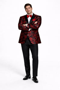 Mens modern fit velvet floral paisley foil red and black tuxedo jacket