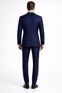Mens Peak Lapel Modern Fit - No Pleated Pants Designer Brand Navy 3 Piece Vested Suit