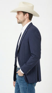 Mens Navy Blue Pinstripe Western Blazer – Classic Cowboy Style Jacket for Business, Formal and Smart Casual Wear