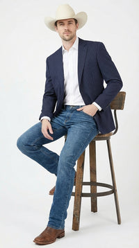 Mens Navy Blue Pinstripe Western Blazer – Classic Cowboy Style Jacket for Business, Formal and Smart Casual Wear