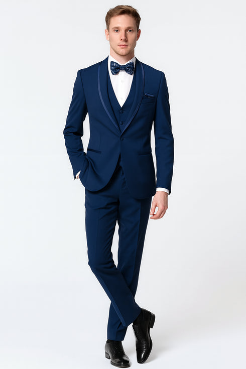 Men’s Navy Blue with Blue Trim Three-Piece Tuxedo with Satin Shawl Lapel and Bow Tie Wedding Suit