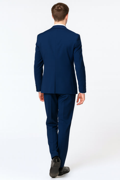 Men’s Navy Blue with Blue Trim Three-Piece Tuxedo with Satin Shawl Lapel and Bow Tie Wedding Suit