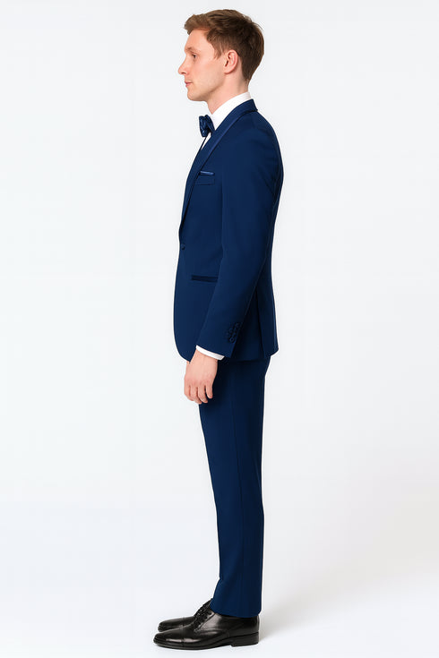 Men’s Navy Blue with Blue Trim Three-Piece Tuxedo with Satin Shawl Lapel and Bow Tie Wedding Suit