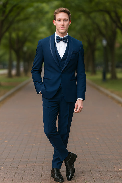 Men’s Navy Blue with Blue Trim Three-Piece Tuxedo with Satin Shawl Lapel and Bow Tie Wedding Suit