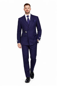 Men’s Navy Blue Double Breasted Wool Suit with Signature Buckle Closure Designer Tailored Fit