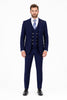 Men's Navy Statement Ticket Pocket Peak Lapel Wool Double Breasted Vest Suit with Silver Buttons – Modern Fit