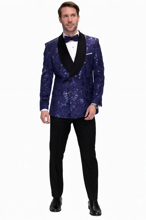 Men’s Navy Floral Jacquard Tuxedo Jacket – Double Breasted Blazer with Black Shawl Lapel