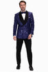 Men’s Navy Floral Jacquard Tuxedo Jacket – Double Breasted Blazer with Black Shawl Lapel