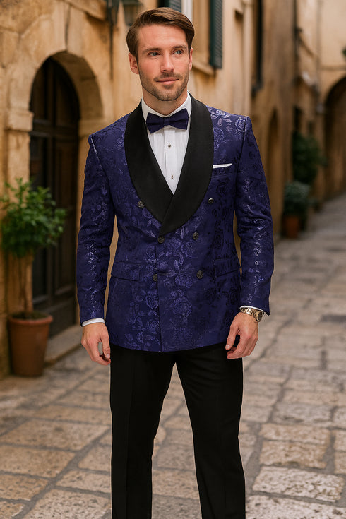 Men’s Navy Floral Jacquard Tuxedo Jacket – Double Breasted Blazer with Black Shawl Lapel