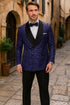 Men’s Navy Floral Jacquard Tuxedo Jacket – Double Breasted Blazer with Black Shawl Lapel