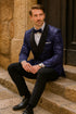 Men’s Navy Floral Jacquard Tuxedo Jacket – Double Breasted Blazer with Black Shawl Lapel