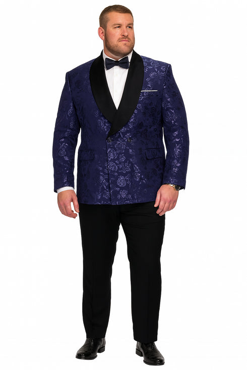 Men’s Navy Floral Jacquard Tuxedo Jacket – Double Breasted Blazer with Black Shawl Lapel