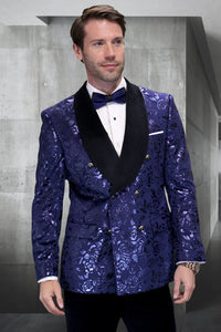 Men’s Navy Floral Jacquard Tuxedo Jacket – Double Breasted Blazer with Black Shawl Lapel