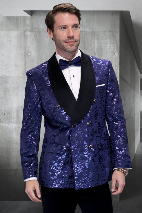 Men’s Navy Floral Jacquard Tuxedo Jacket – Double Breasted Blazer with Black Shawl Lapel