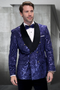Men’s Navy Floral Jacquard Tuxedo Jacket – Double Breasted Blazer with Black Shawl Lapel