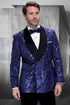 Men’s Navy Floral Jacquard Tuxedo Jacket – Double Breasted Blazer with Black Shawl Lapel