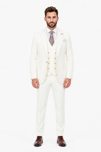 Men's Off White Statement Ticket Pocket Peak Lapel Wool Double Breasted Vest Suit with Gold Buttons – Modern Fit