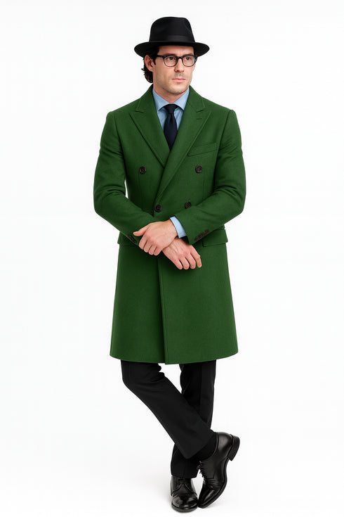 Double Breasted Long Overcoat One Chest Pocket Olive Green - Mens Car Coat Mens Topcoat