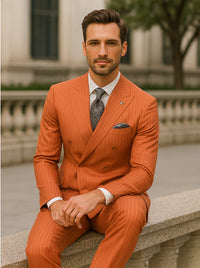 Men’s Orange Striped Double-Breasted Suit – Groom & Party Style
