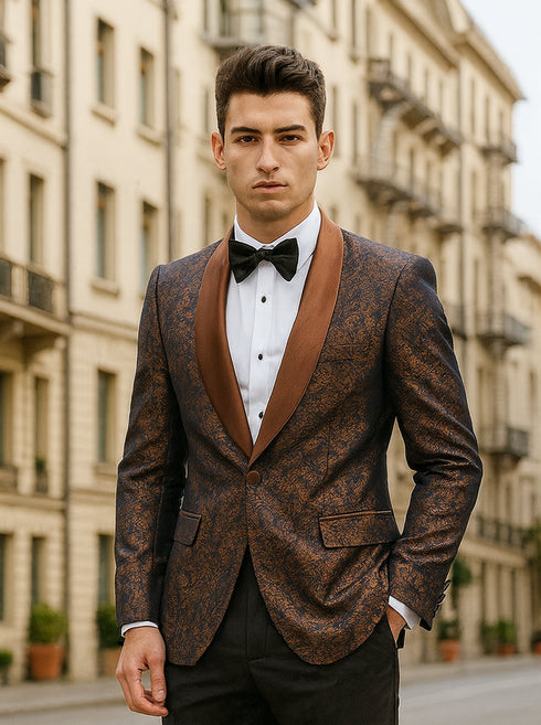 Mens Paisley Tuxedo with Brown Satin Lapel and Pants – Formal Wedding Suit