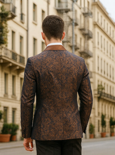 Mens Paisley Tuxedo with Brown Satin Lapel and Pants – Formal Wedding Suit