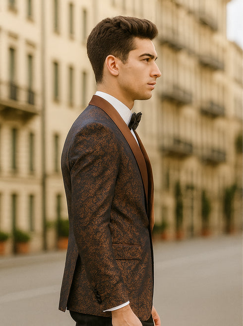 Mens Paisley Tuxedo with Brown Satin Lapel and Pants – Formal Wedding Suit