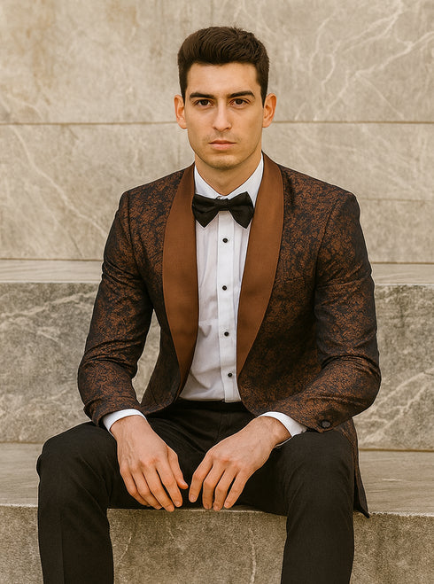 Mens Paisley Tuxedo with Brown Satin Lapel and Pants – Formal Wedding Suit