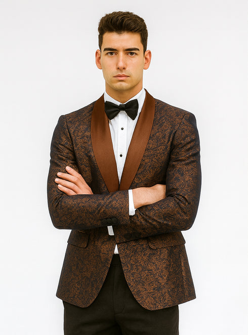 Mens Paisley Tuxedo with Brown Satin Lapel and Pants – Formal Wedding Suit