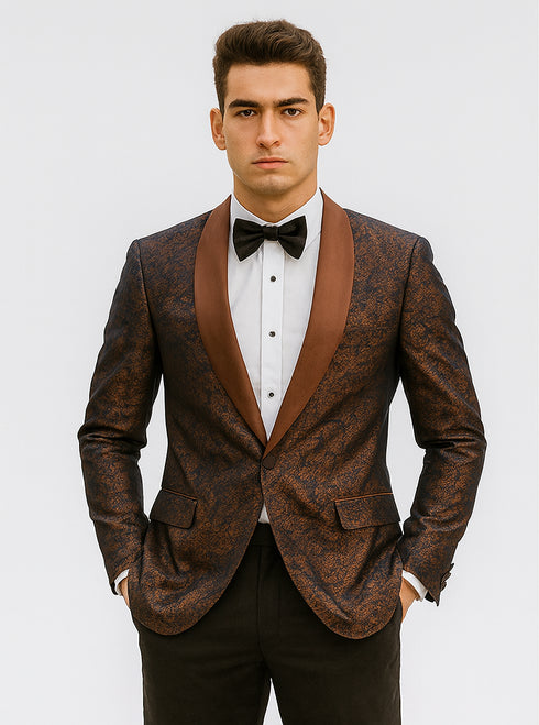 Mens Paisley Tuxedo with Brown Satin Lapel and Pants – Formal Wedding Suit