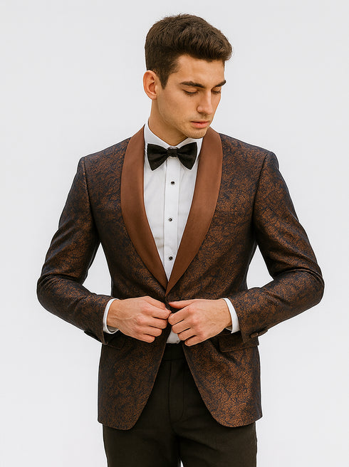 Mens Paisley Tuxedo with Brown Satin Lapel and Pants – Formal Wedding Suit