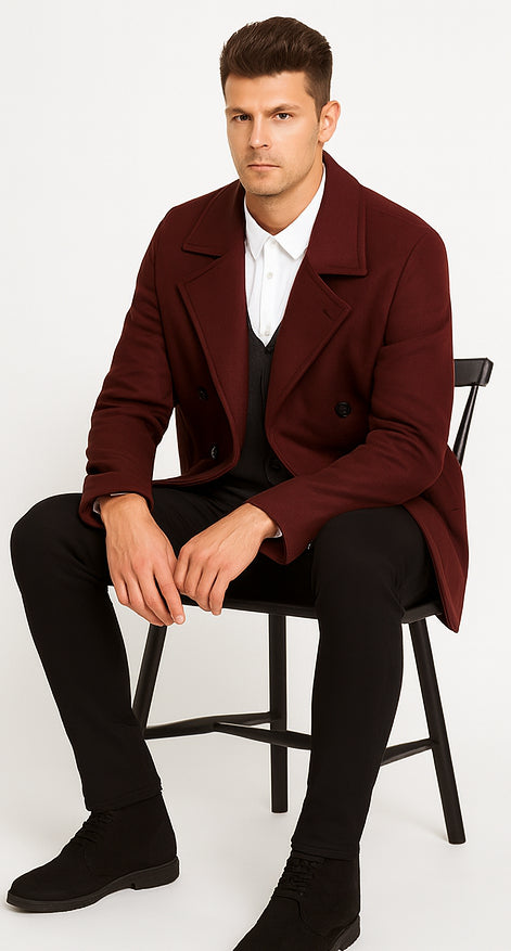 Mens Peacoat Slim Fit - Fitted Wool Peacoat - Slim Cut -Burgundy Wine