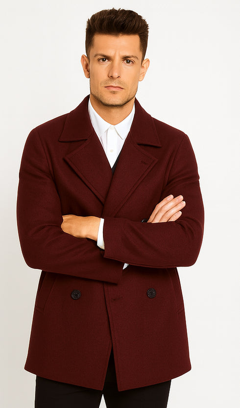 Mens Peacoat Slim Fit - Fitted Wool Peacoat - Slim Cut -Burgundy Wine