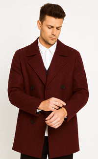 Mens Peacoat Slim Fit - Fitted Wool Peacoat - Slim Cut -Burgundy Wine