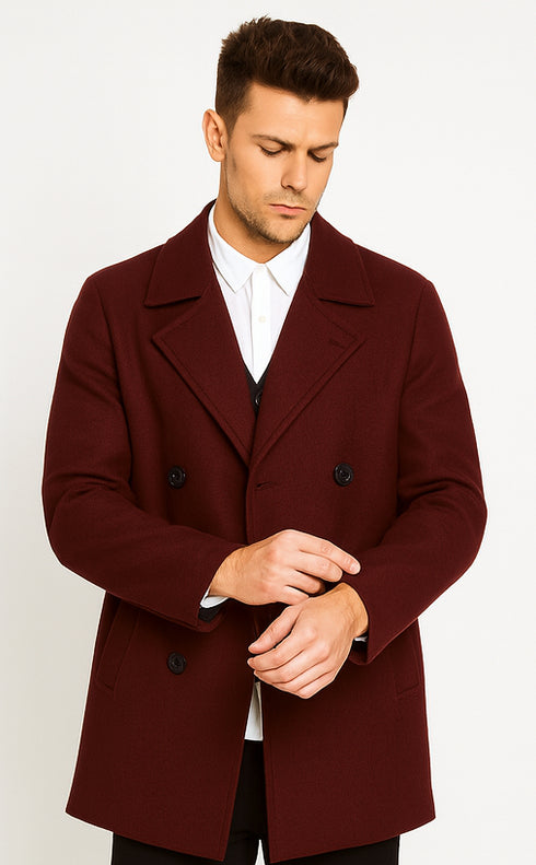 Mens Peacoat Slim Fit - Fitted Wool Peacoat - Slim Cut -Burgundy Wine