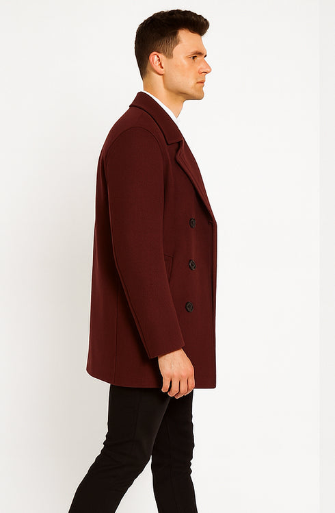 Mens Peacoat Slim Fit - Fitted Wool Peacoat - Slim Cut -Burgundy Wine