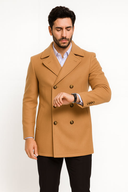 Mens Peacoat Wool Fabric Double Breasted - Tan