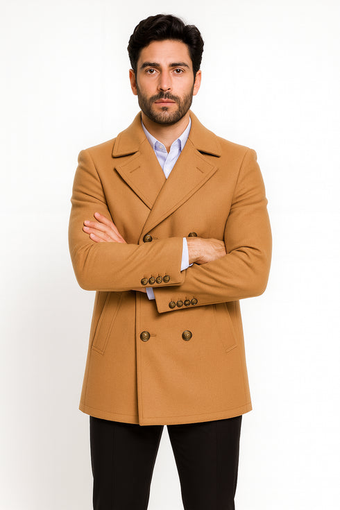Mens Peacoat Wool Fabric Double Breasted - Tan