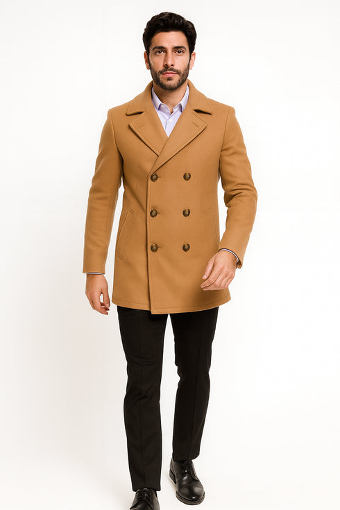 Mens Peacoat Wool Fabric Double Breasted - Tan