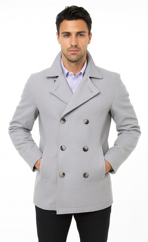 Mens Peacoat Wool Light Grey double breasted Style Coat