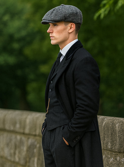 Mens Peaky Blinders Costume - peaky blinder outfit - Include peaky blinder actor cap Thomas Shelby Black Suit Overcoat & Hat