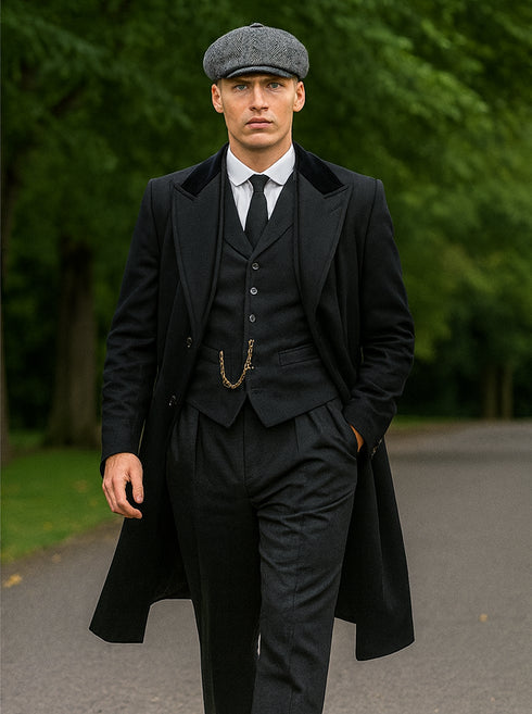 Mens Peaky Blinders Costume - peaky blinder outfit - Include peaky blinder actor cap Thomas Shelby Black Suit Overcoat & Hat