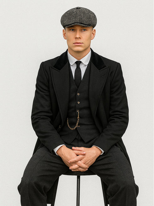 Mens Peaky Blinders Costume - peaky blinder outfit - Include peaky blinder actor cap Thomas Shelby Black Suit Overcoat & Hat