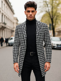 Mens Plaid Overcoat - Hounstooth Checker Pattern Black Topcoat