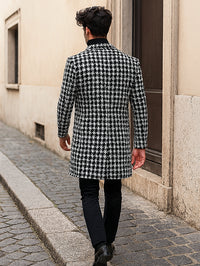 Mens Plaid Overcoat - Hounstooth Checker Pattern Black Topcoat